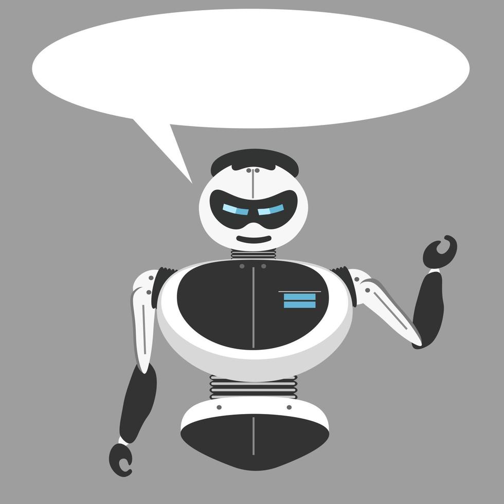 un sonriente chatbot ayuda resolver problemas. el robot batidos su mano. saludo movimientos vector ilustración.