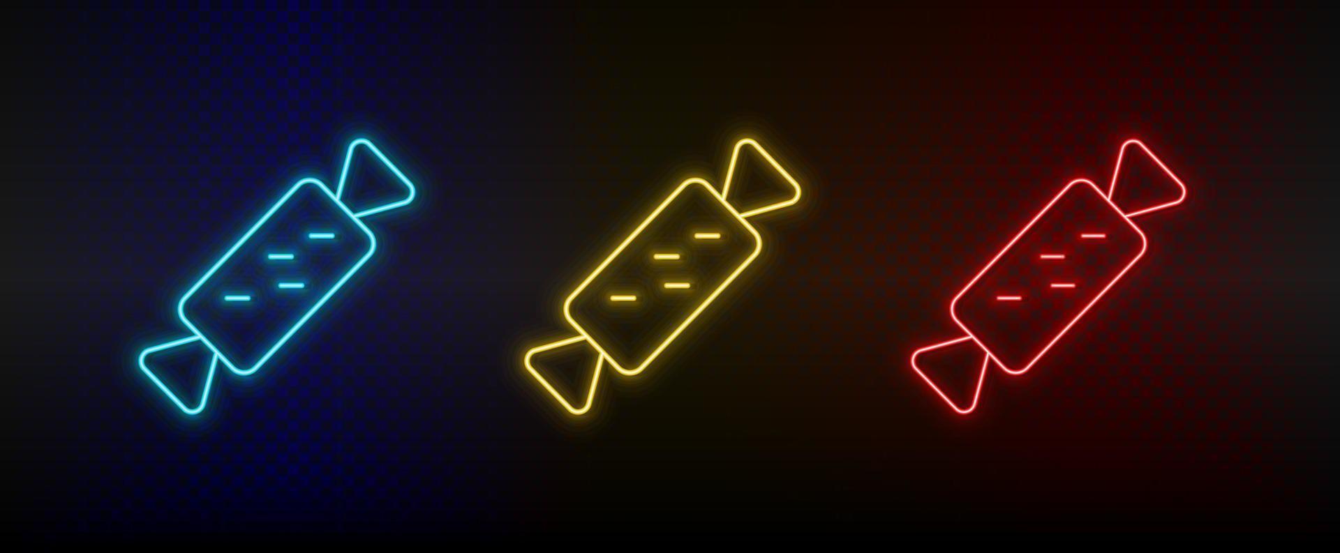 Neon icon set candy, chocolate. Set of red, blue, yellow neon vector icon on dark background
