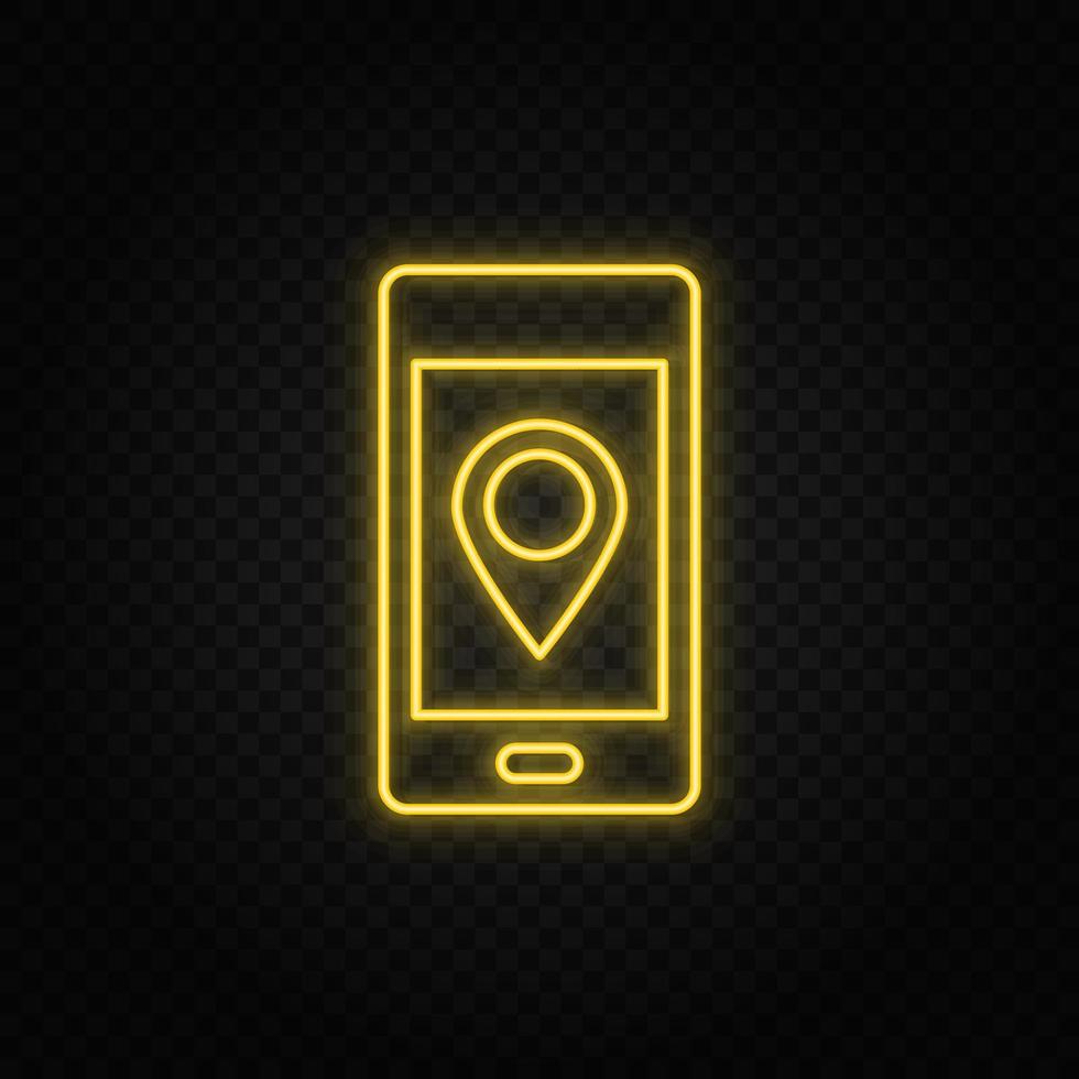 amarillo neón icono teléfono, ubicación. transparente antecedentes. amarillo neón vector icono en oscuro antecedentes