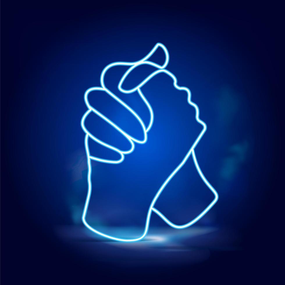 One line drawing two gripping hand neon vector icon. One line art, illustration