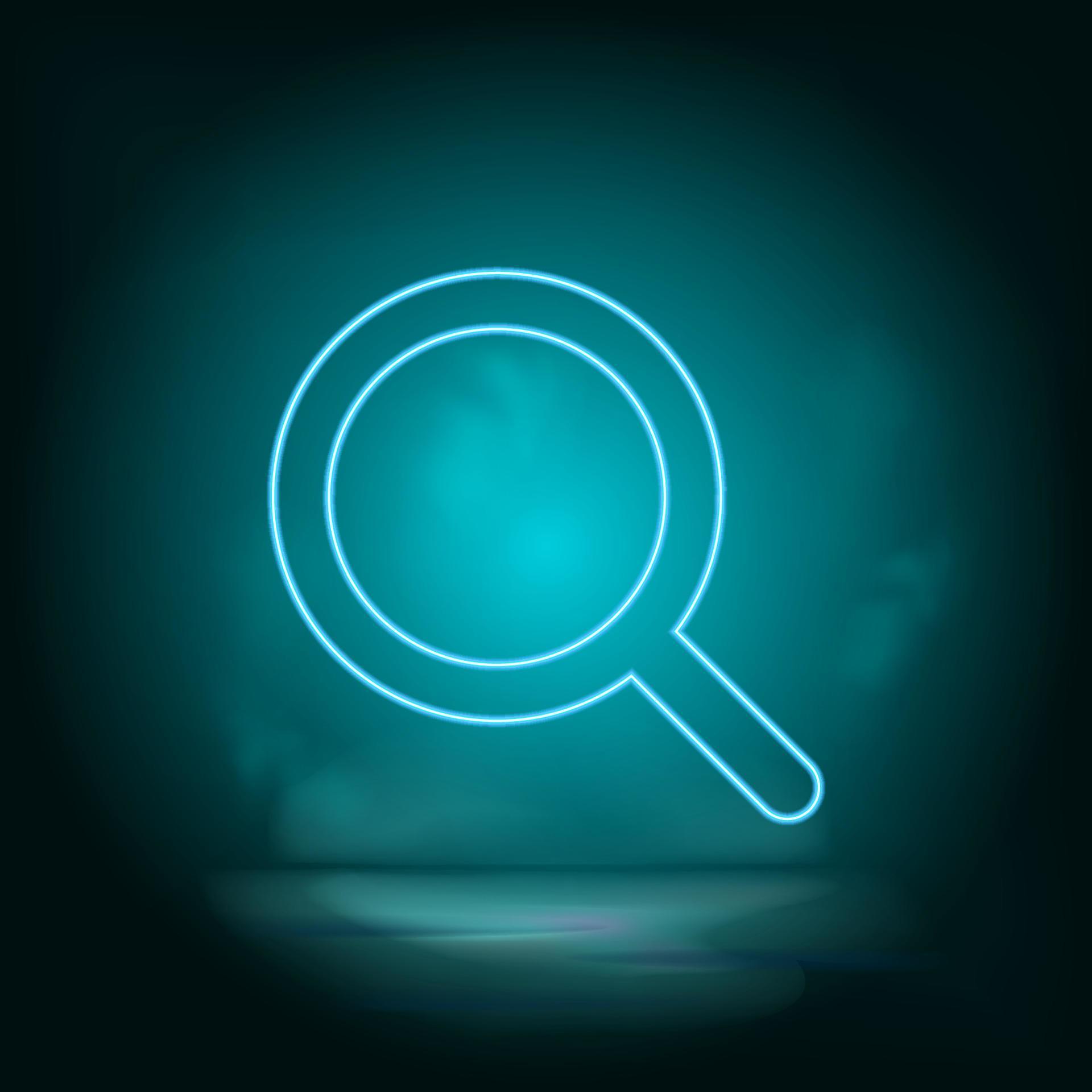 Magnifier blue neon vector icon. Simple element illustration from map