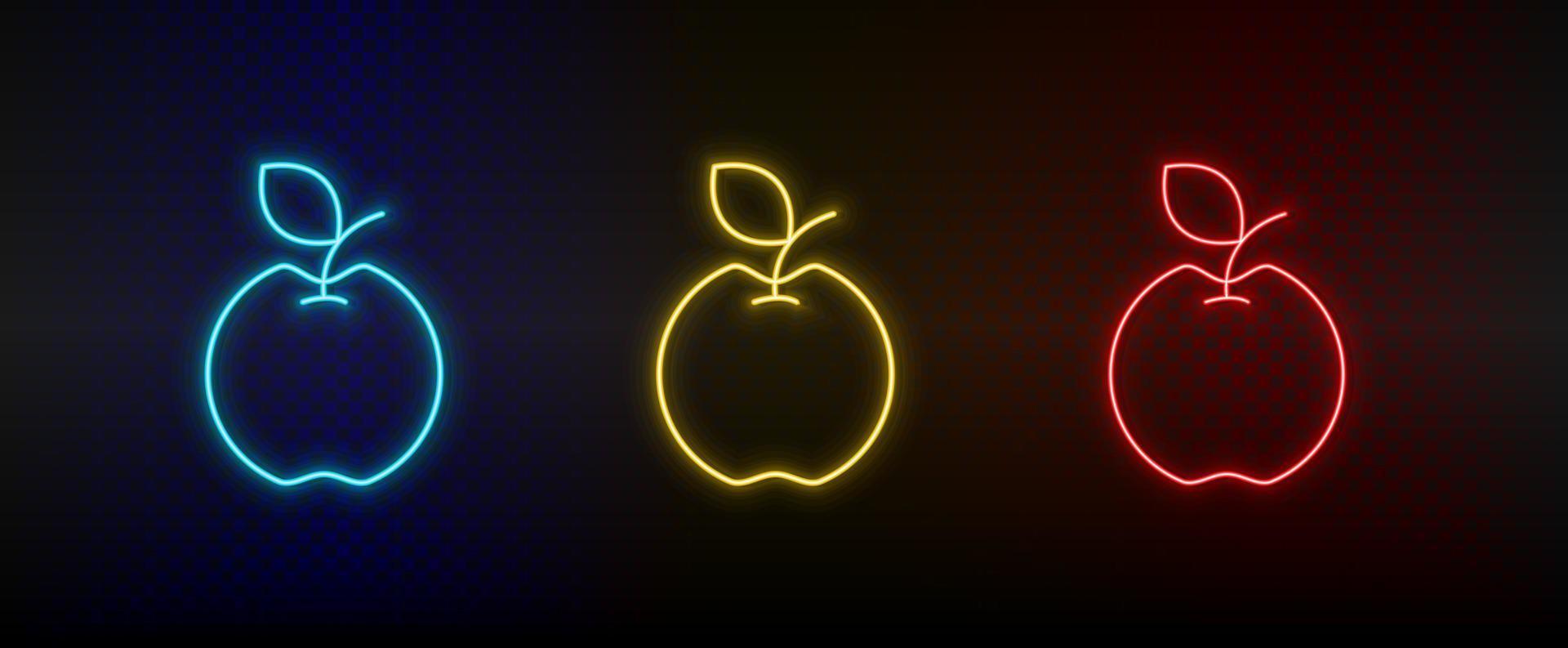 Neon icon set apple. Set of red, blue, yellow neon vector icon on dark background
