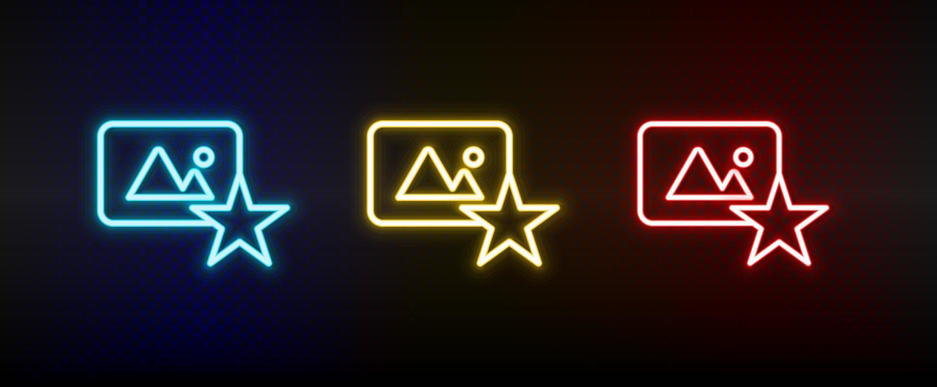 favorito, foto, estrella neón icono colocar. conjunto de rojo, azul, amarillo neón vector icono en oscuro transparente antecedentes