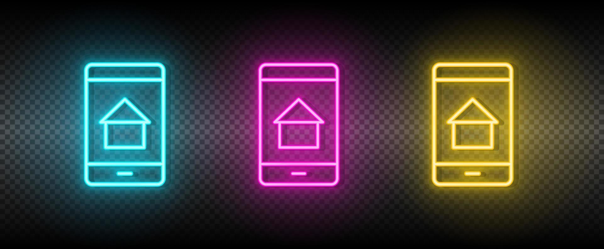 Real estate vector app, house, mobile. Illustration neon blue, yellow, red icon set
