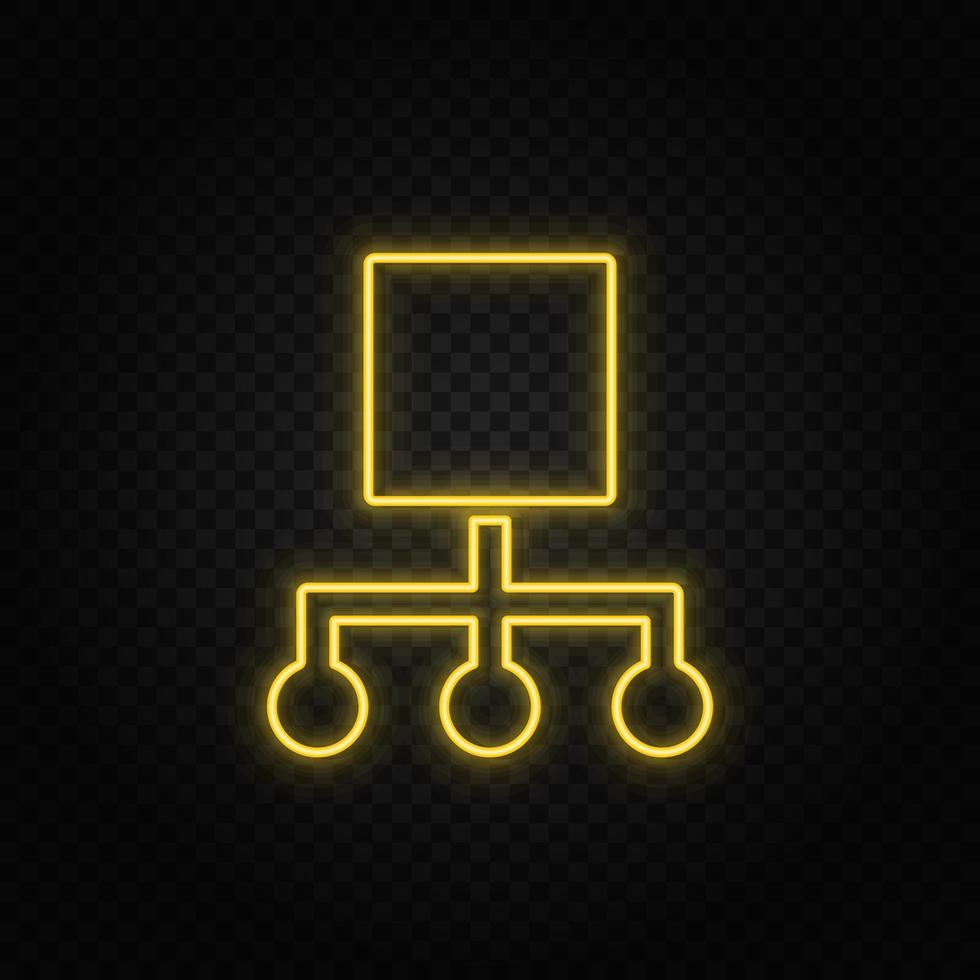 hierarchical, network yellow neon icon .Transparent background. Yellow neon vector icon on dark background