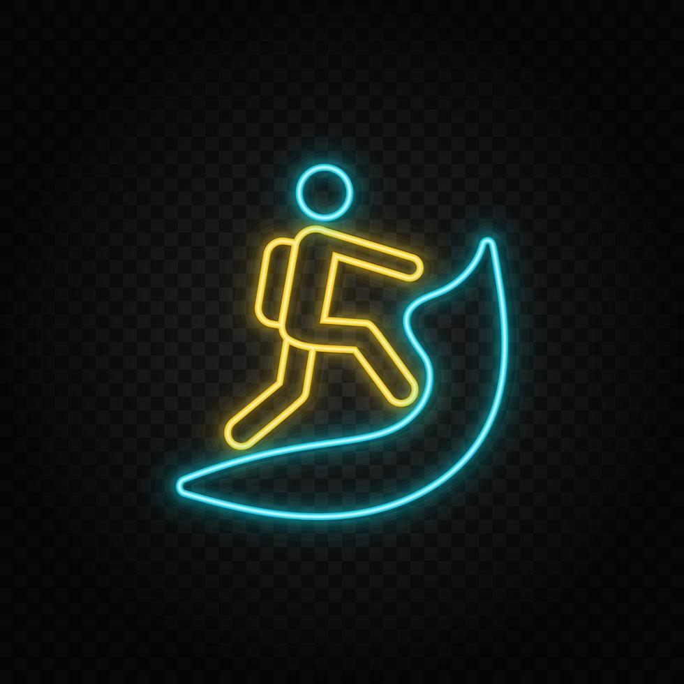 Mountain, man. Blue and yellow neon vector icon. Transparent background.