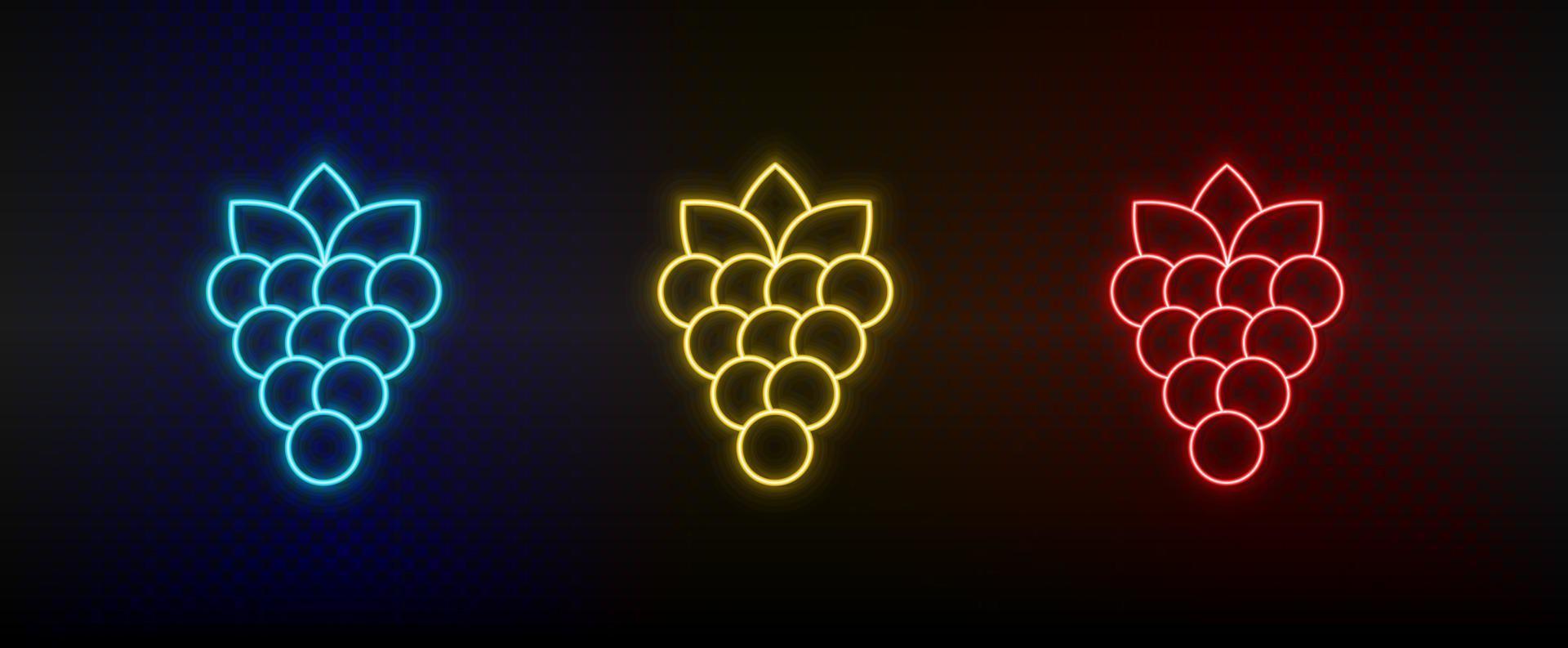 Neon icon set grapes. Set of red, blue, yellow neon vector icon on dark background
