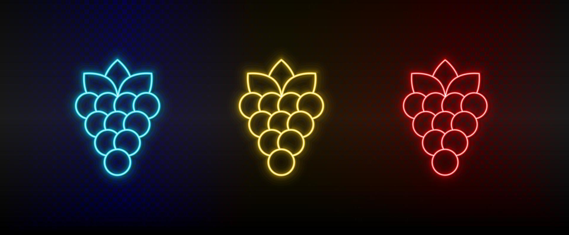 neón icono conjunto uvas. conjunto de rojo, azul, amarillo neón vector icono en oscuro antecedentes