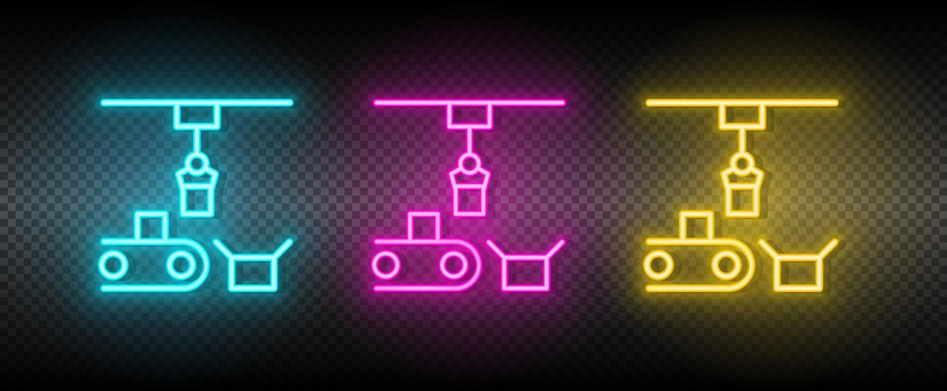 articulated robot, conveyor robot neon icon set. Technology vector illustration neon blue, yellow, red icon set