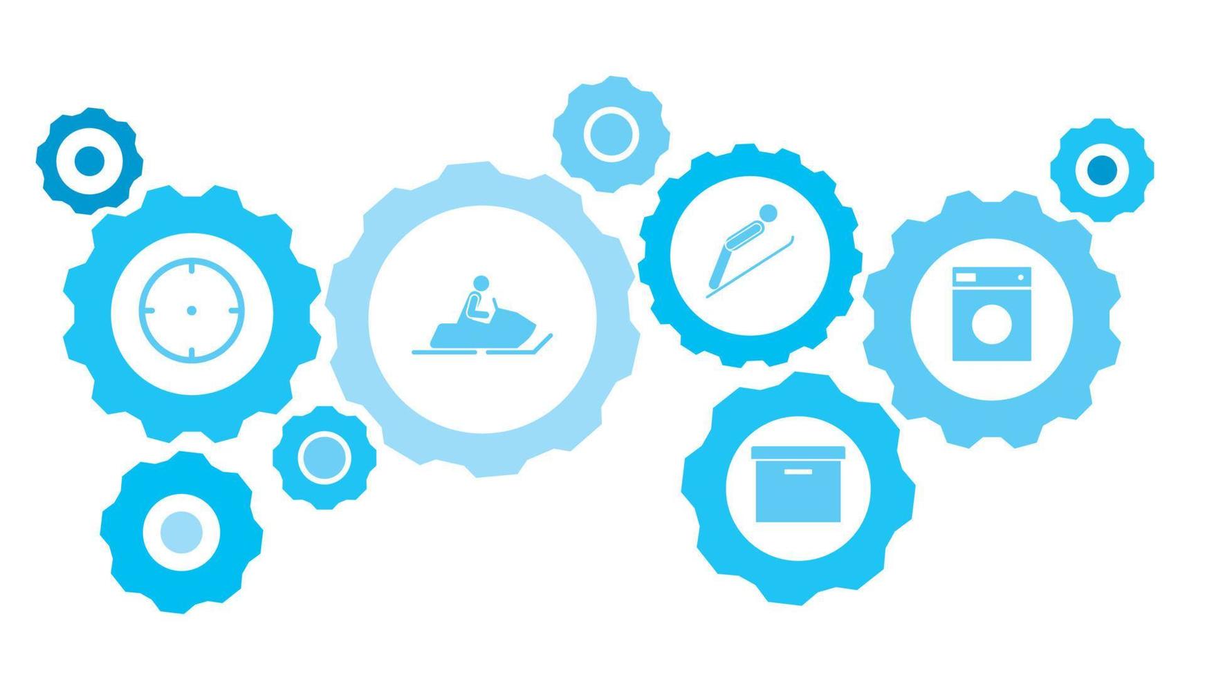 Washer gear blue icon set. Abstract background with connected gears and icons for logistic, service, shipping, distribution, transport, market, communicate concepts vector