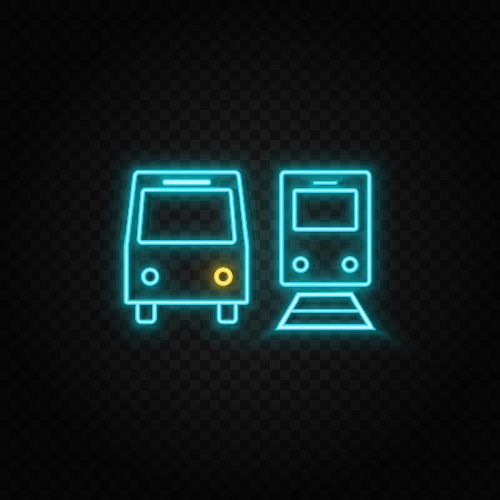 Bus, train. Blue and yellow neon vector icon. Dark background.