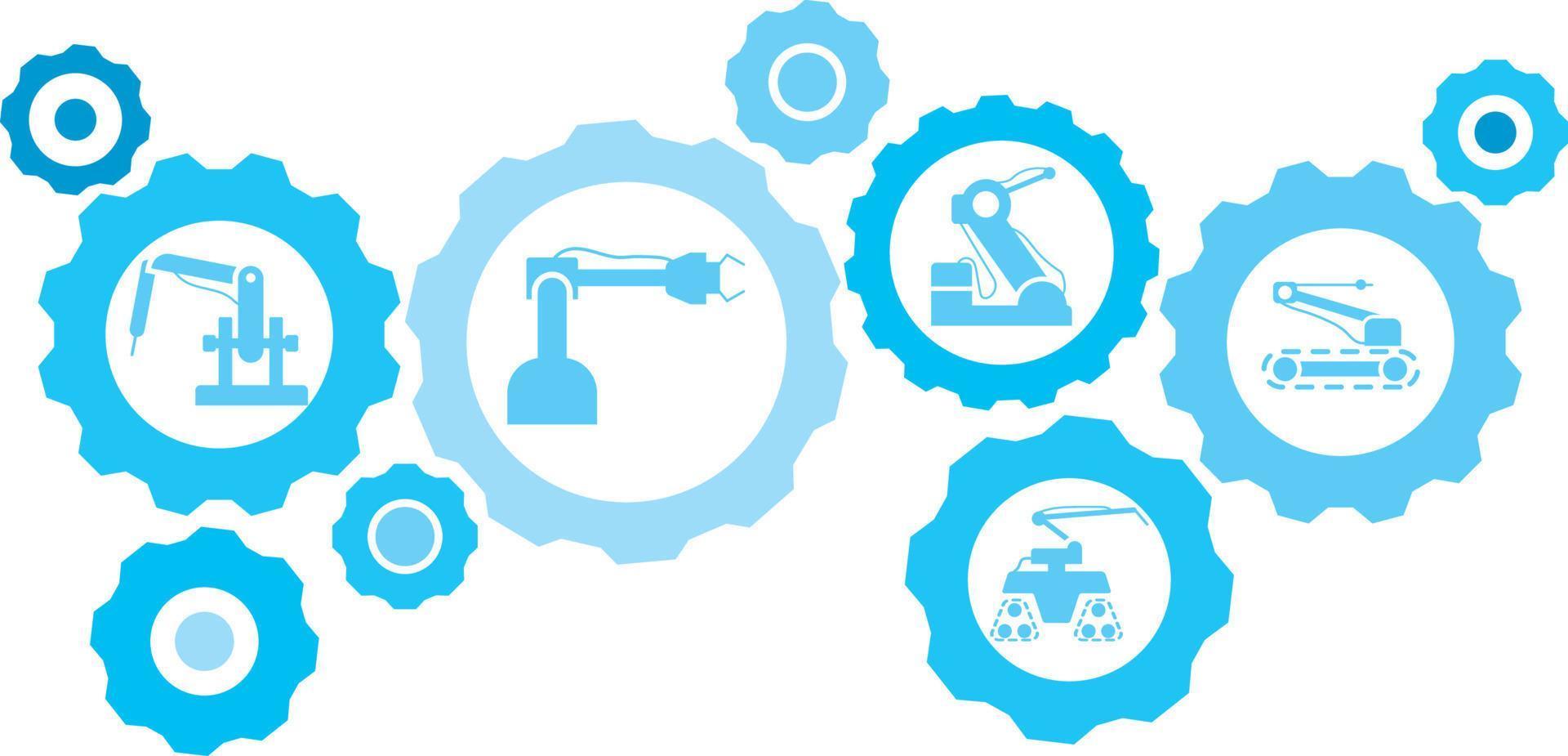 Robot, icon, technology, industry, factory blue gear set. Abstract background with connected gears and icons for logistic, service, shipping, distribution, transport, market, communicate concepts vector