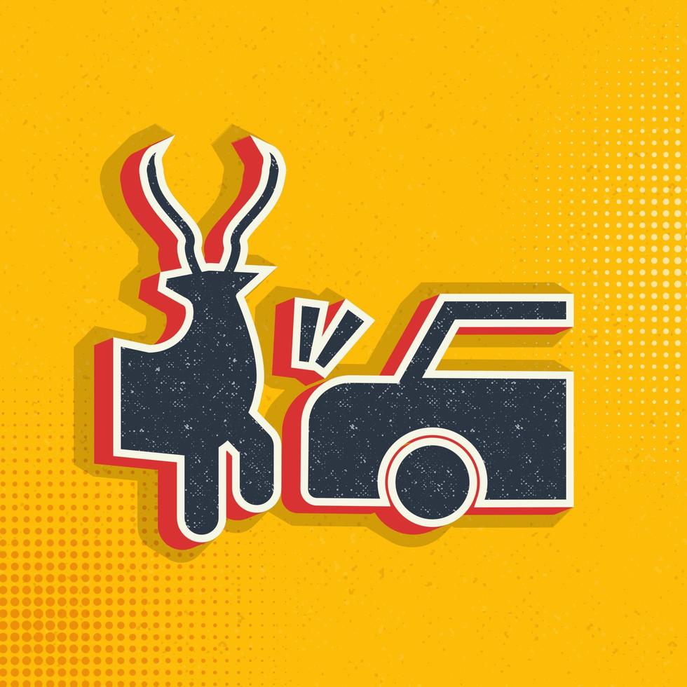 accidente, animal, auto, colisión, ciervo popular arte, retro icono. vector ilustración de popular Arte estilo en retro antecedentes