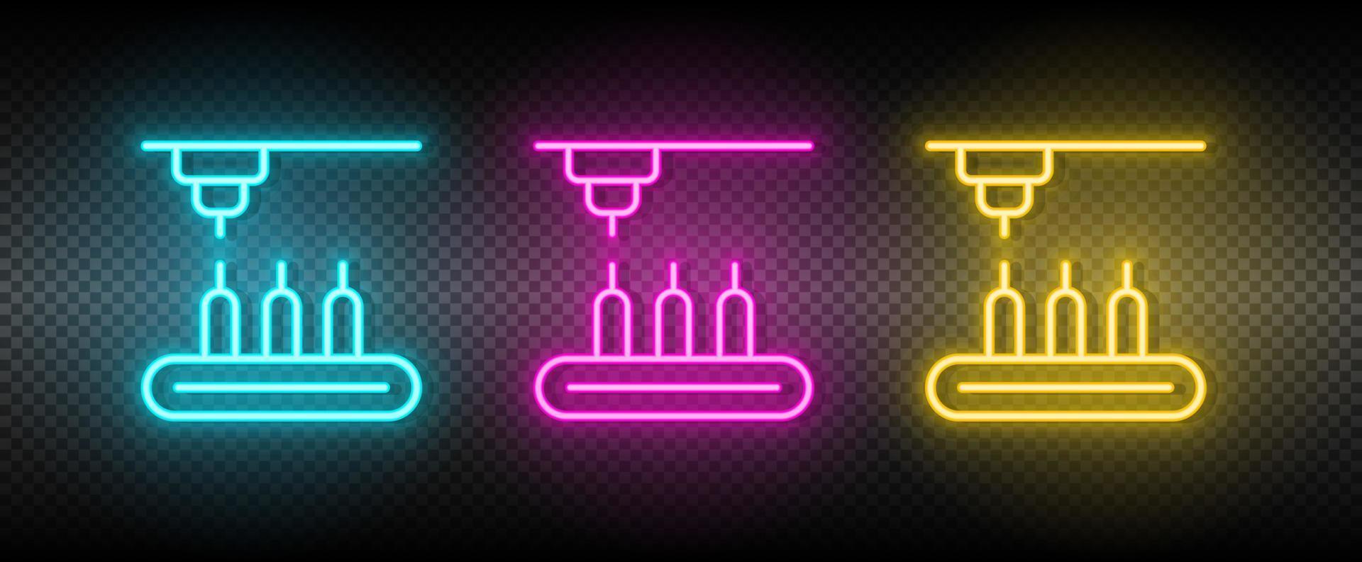 assembly line, conveyor belt, production neon icon set. Technology vector illustration neon blue, yellow, red icon set