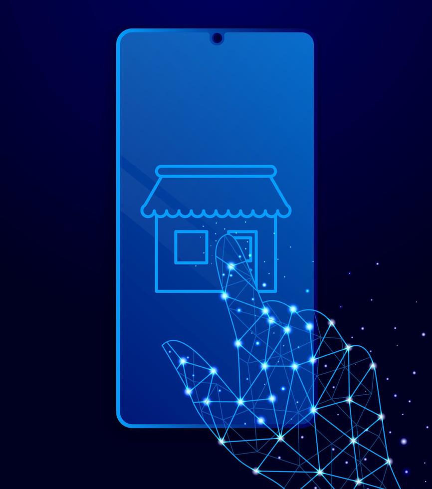 Shopping, store neon icon. Blue neon vector icon. Smoke effect blue background