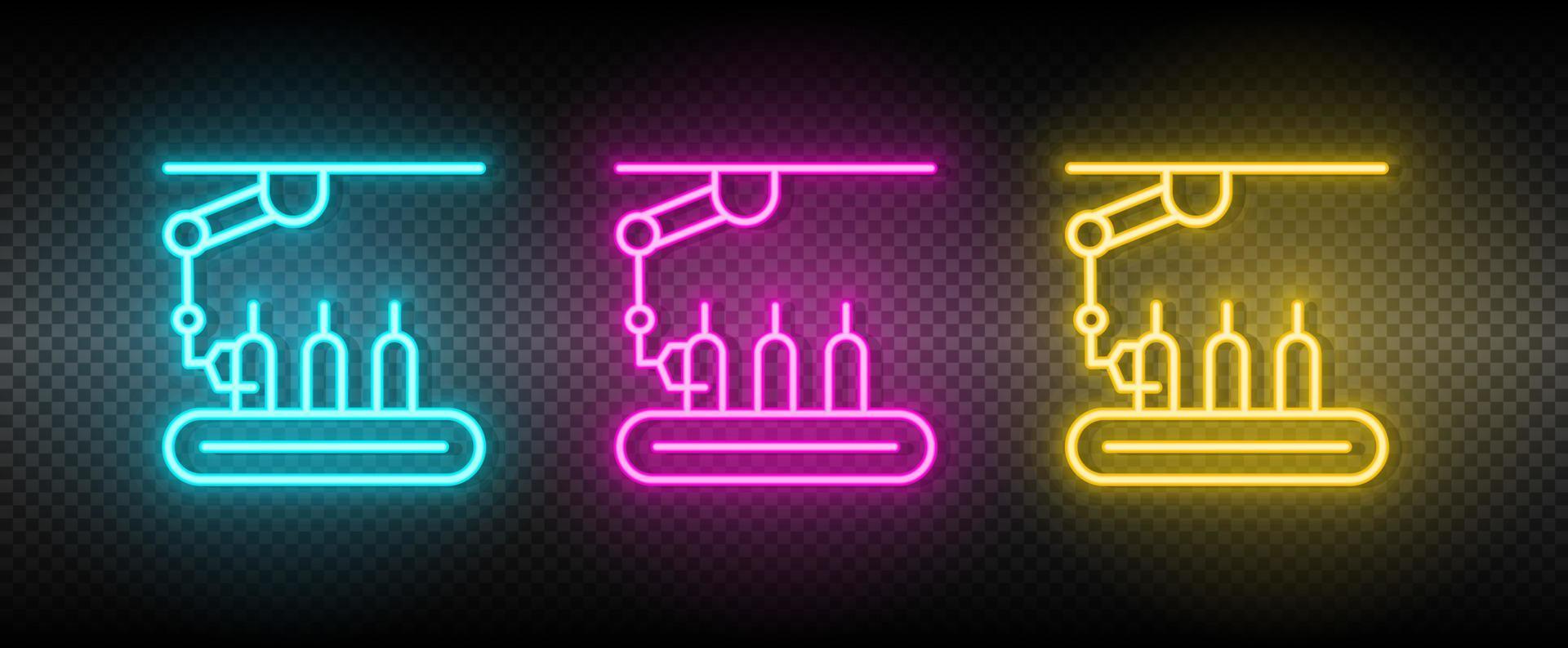 assembly line, conveyor belt, production neon icon set. Technology vector illustration neon blue, yellow, red icon set