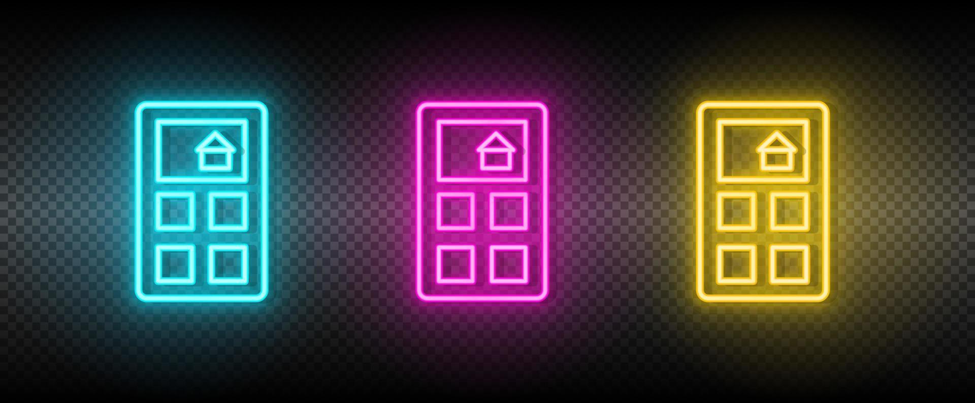 Real estate vector calculate, house, price. Illustration neon blue, yellow, red icon set