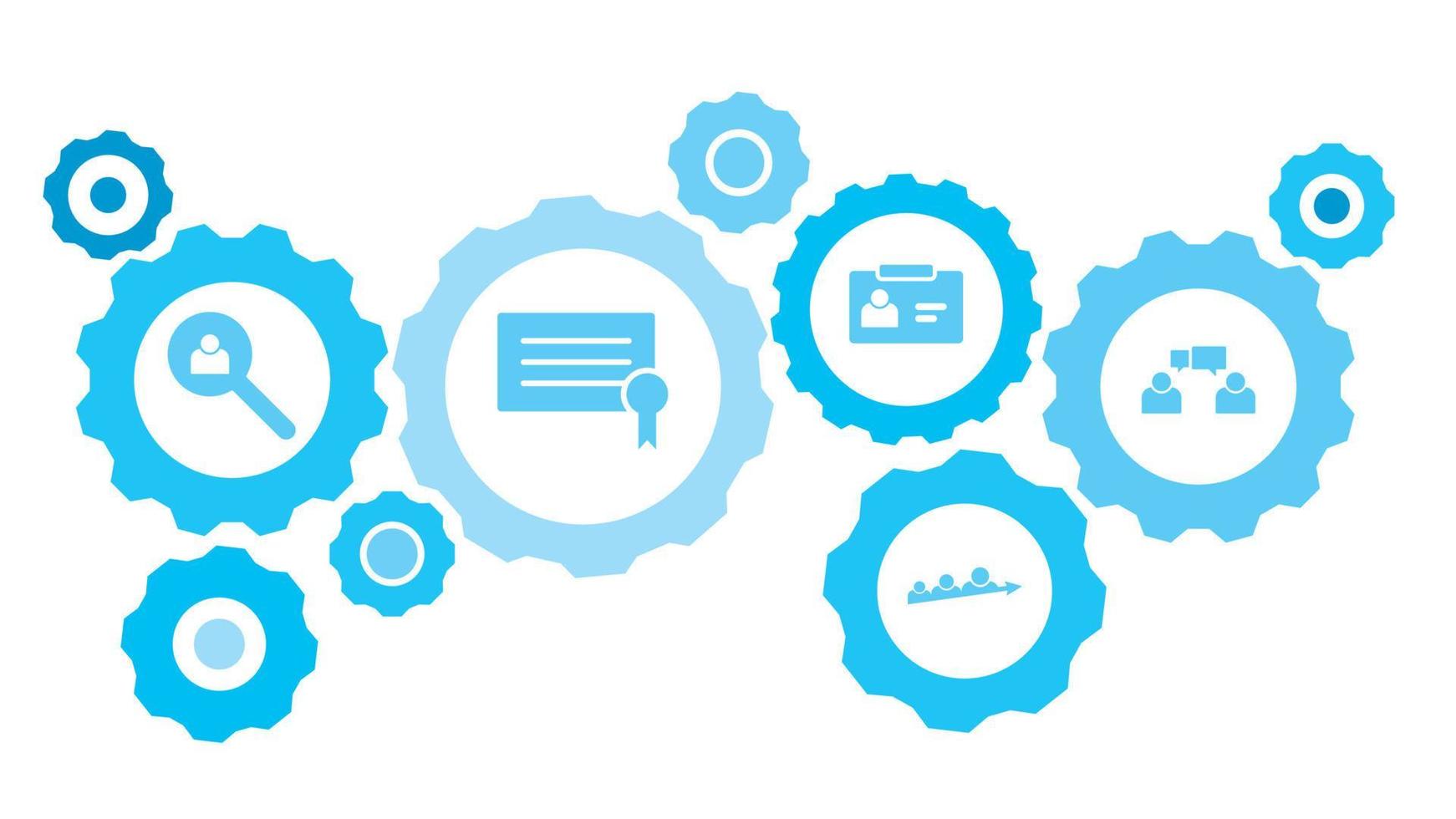 Connected gears and vector icons for logistic, service, shipping, distribution, transport, market, communicate concepts. conversation, avatars, users gear blue icon set on white background