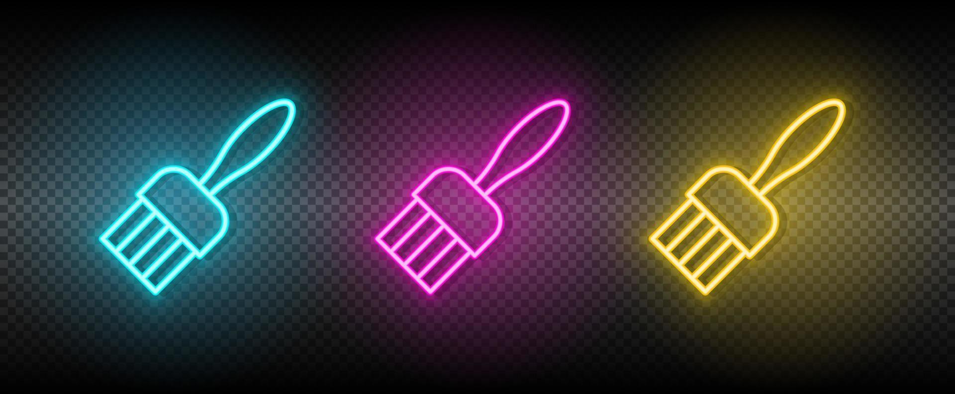 brush, paint, tool vector icon yellow, pink, blue neon set. Tools vector icon on dark transparency background