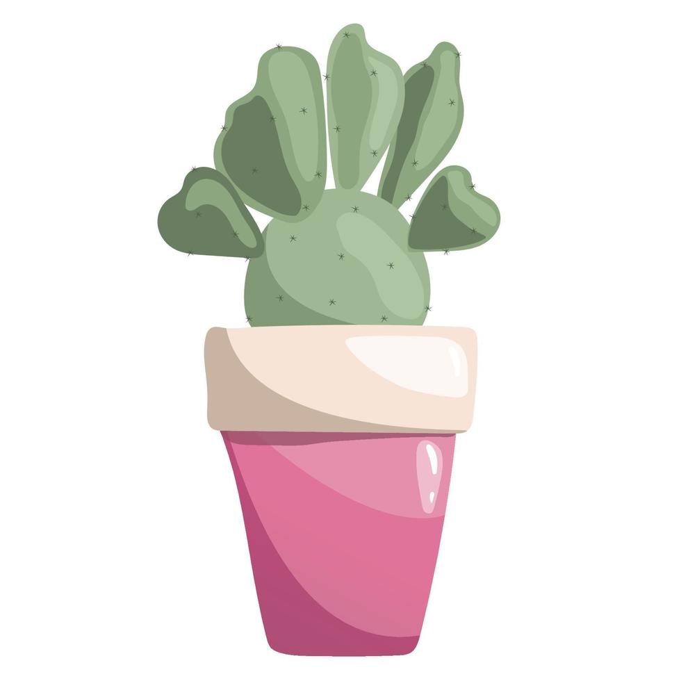 Green succulent opuntia in pink ceramic pot on a white. Prickly pear, pear cactus. tuna, sabra, nopal, paddle cactus vector