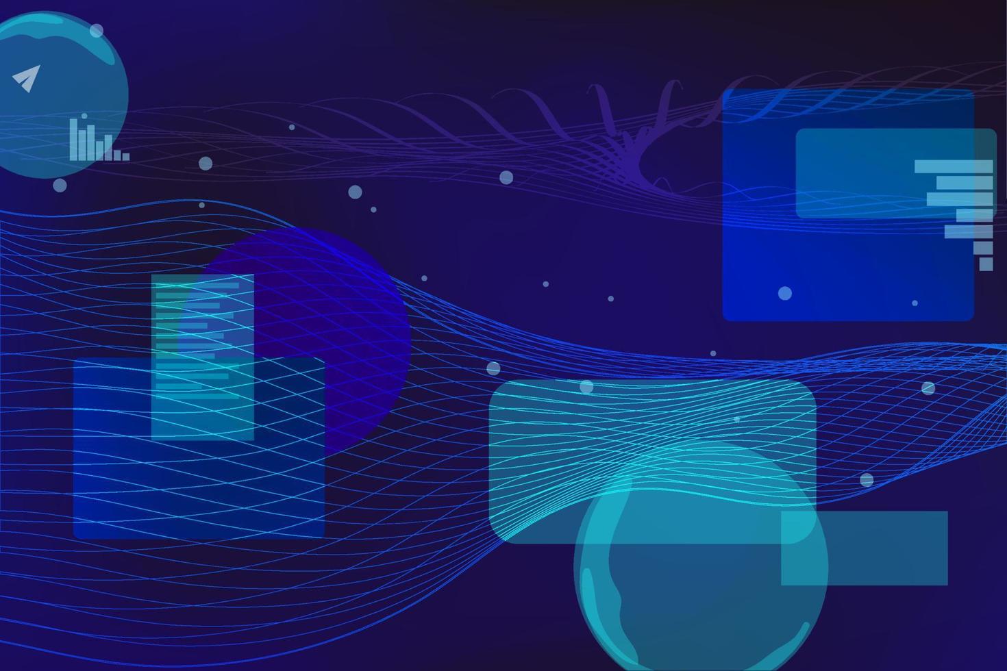 Blue dynamic virtual reality background. Sphere, data blocks, diagrams, digital streams. vector
