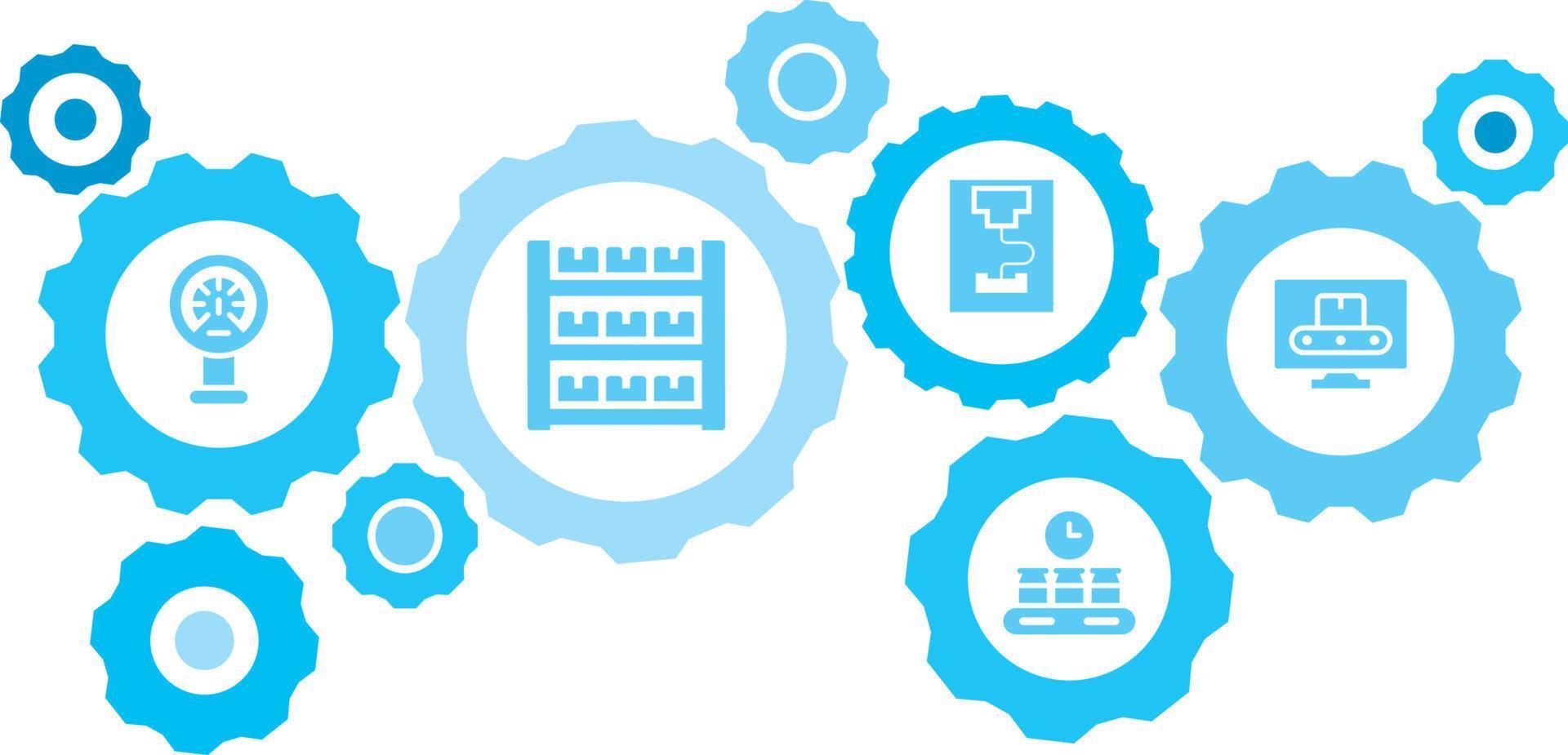 Connected gears and vector icons for logistic, service, shipping, distribution, transport, market, communicate concepts. Mass, production, computer gear blue icon set on white background