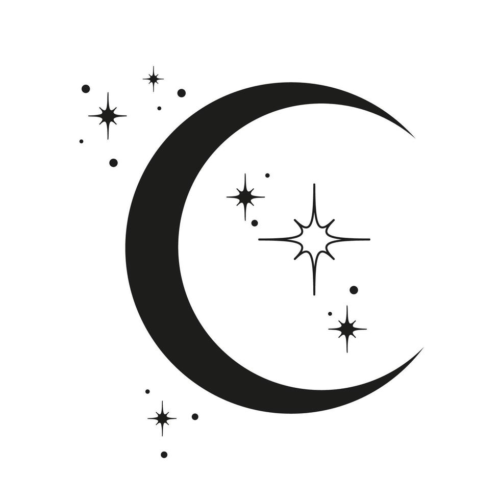 Graphic drawing of the moon and stars. Design for logo, tattoo, packaging, postcard, print vector