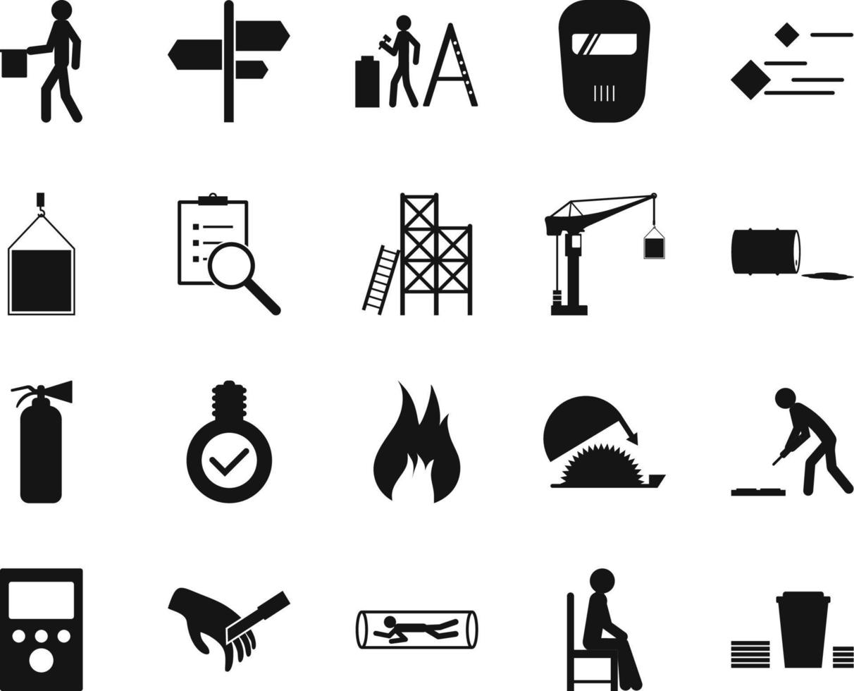 HSE concept, occupational safety and health Equipment, things, production factory and environment, labor preventive instructions, worker protection vector icon set on white background