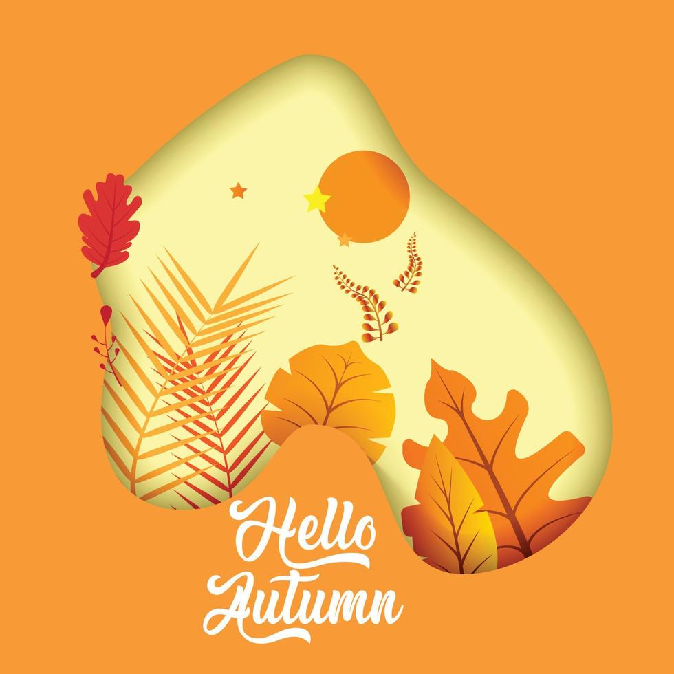 Poster with and slogan Hello autumn. 3D paper cut effect. Bright minimalist autumn postcard. Autumn leaf litter. vector
