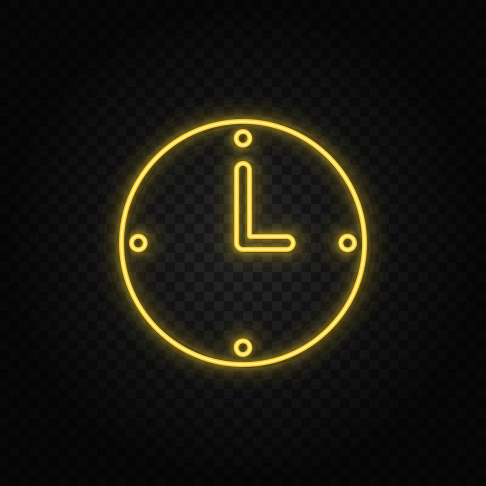 clock, hour yellow neon icon .Transparent background. Yellow neon vector icon on dark background