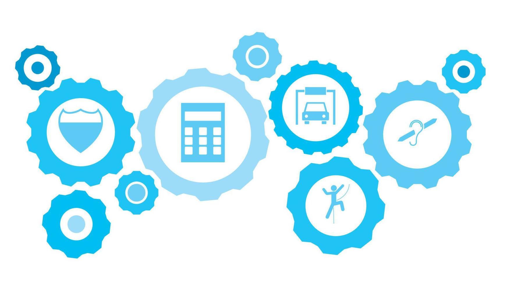 Audition sign gear blue icon set. Abstract background with connected gears and icons for logistic, service, shipping, distribution, transport, market, communicate concepts vector