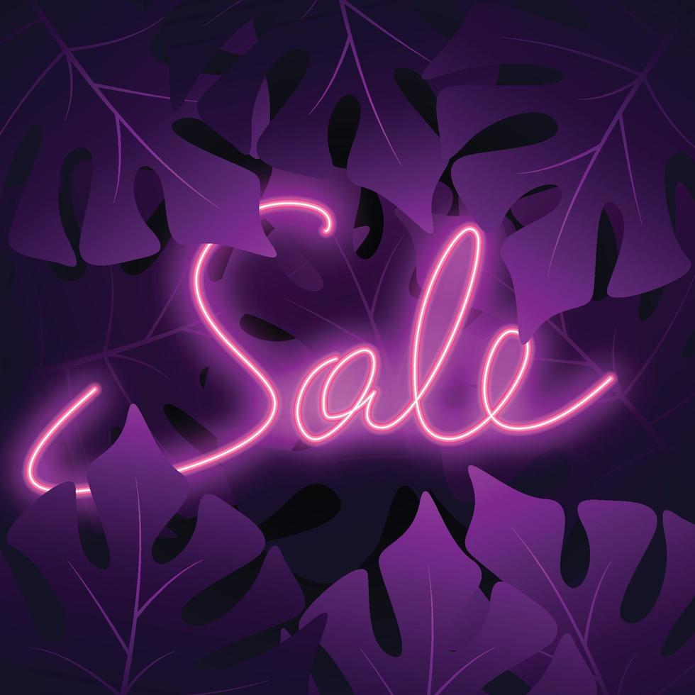Sale banner with tropical leaves on night sky. Neon bright illustration with flashlight on dark background vector