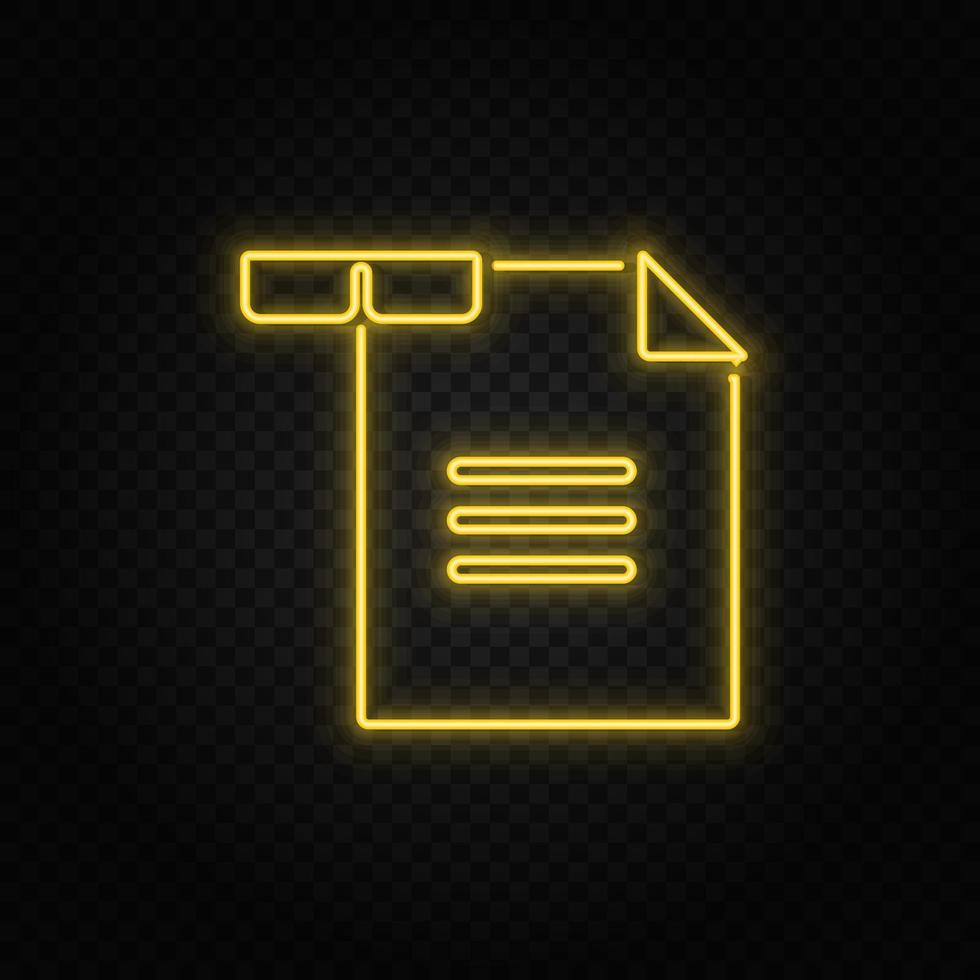 reading yellow neon icon .Transparent background. Yellow neon vector icon on dark background