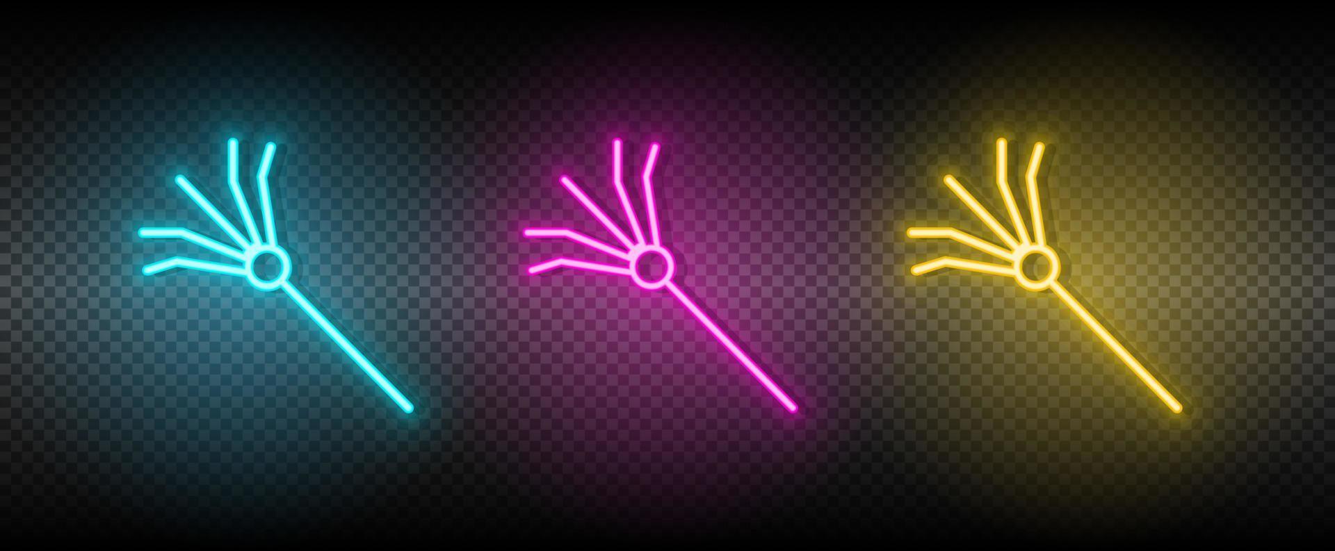 garden, rake, tool vector icon yellow, pink, blue neon set. Tools vector icon on dark transparency background