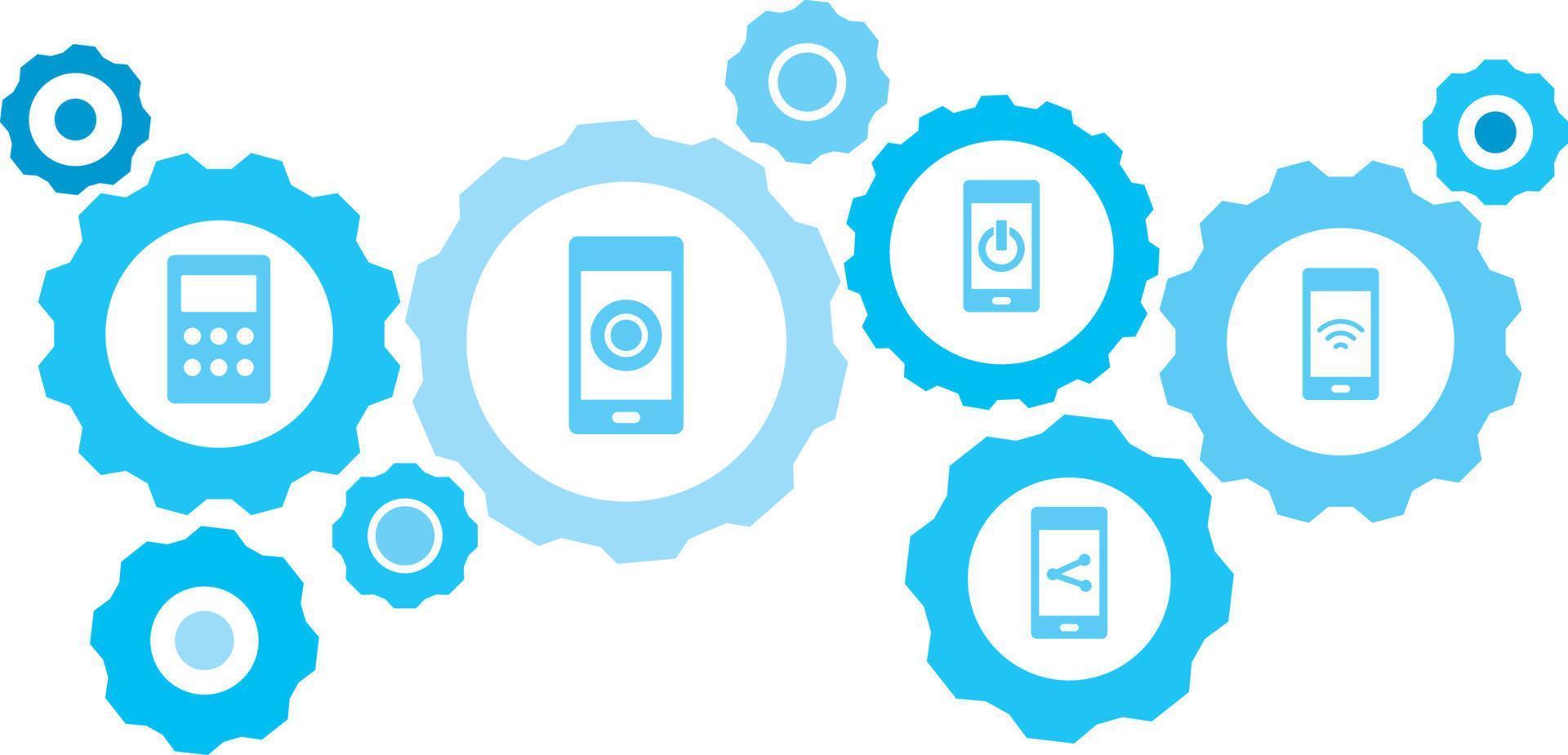 Connected gears and vector icons for logistic, service, shipping, distribution, transport, market, communicate concepts. phone, signal gear blue icon set on white background