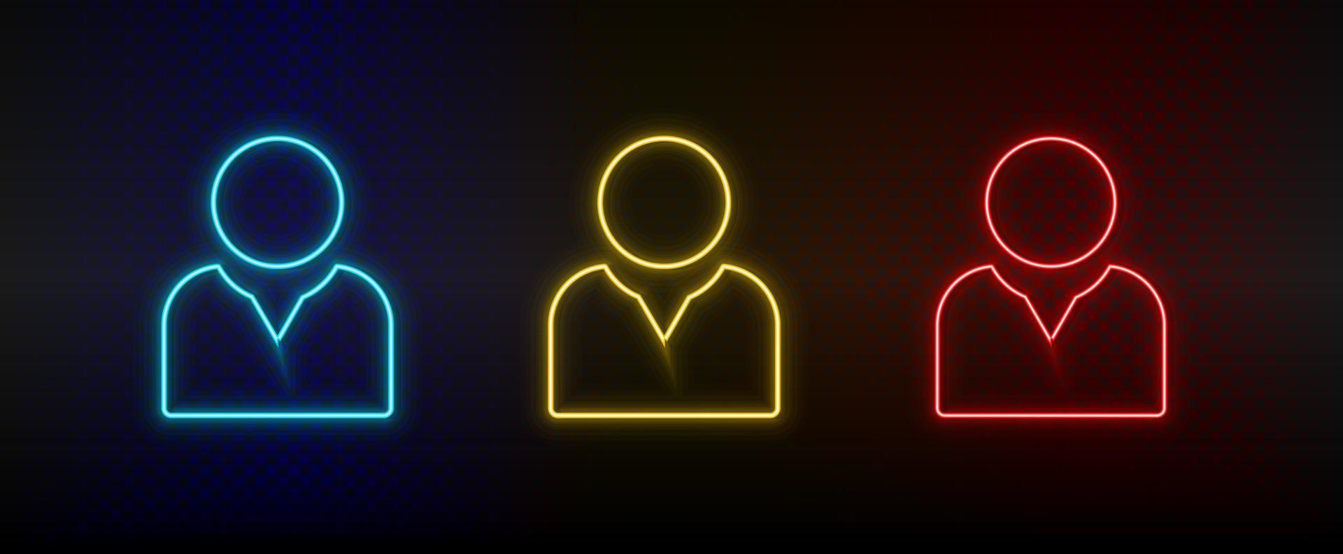 Neon icon set avatar, user. Set of red, blue, yellow neon vector icon on dark transparent background