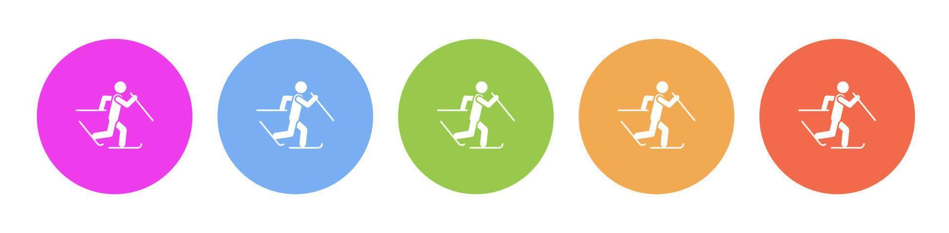 Multi colored flat icons on round backgrounds. Skier skiing multicolor circle vector icon on white background