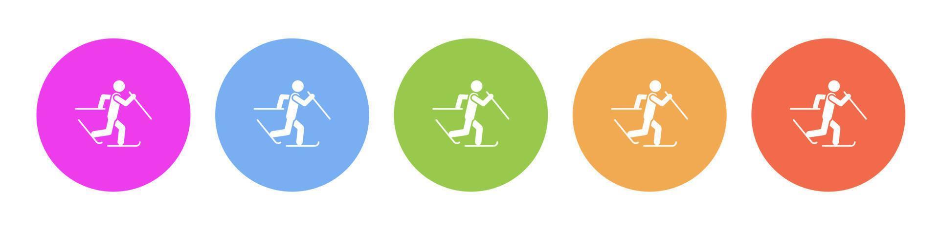 Multi colored flat icons on round backgrounds. Skier skiing multicolor circle vector icon on white background