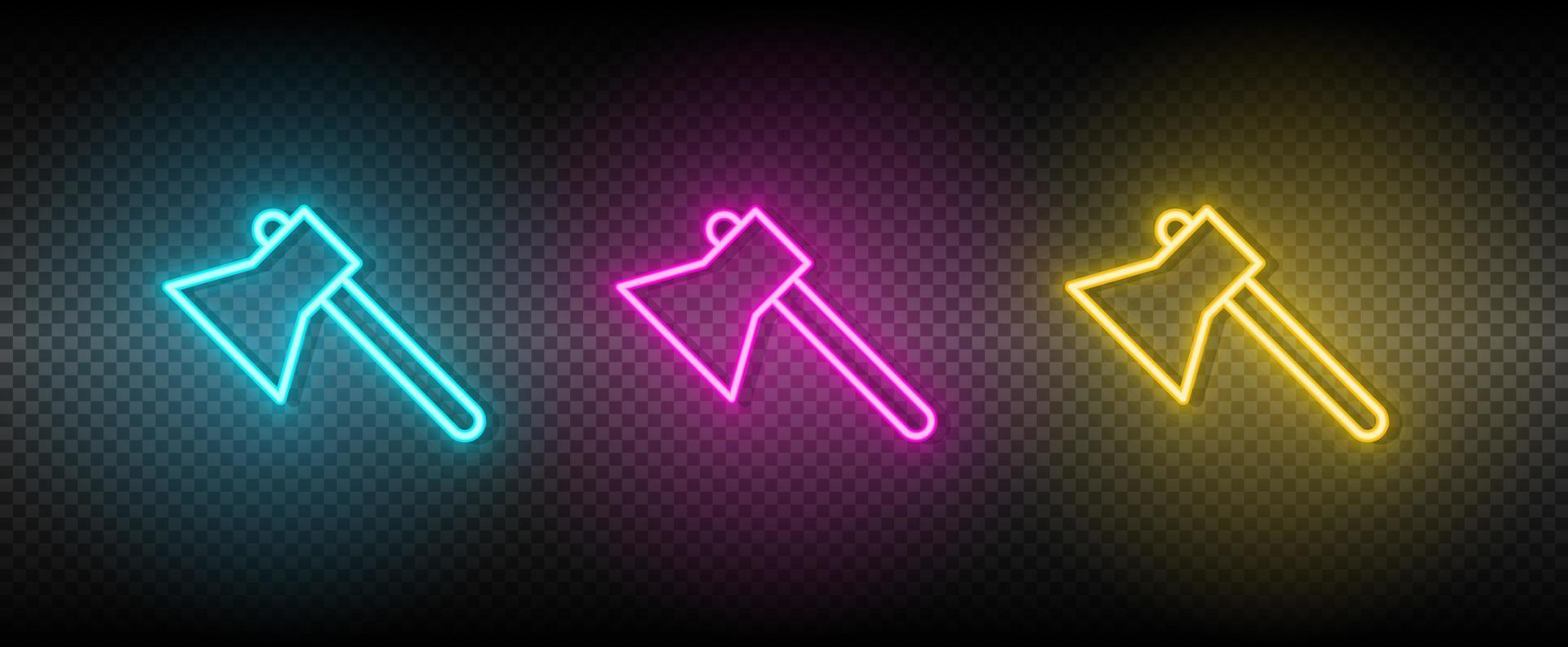 axe, hatchet vector icon yellow, pink, blue neon set. Tools vector icon on dark transparency background