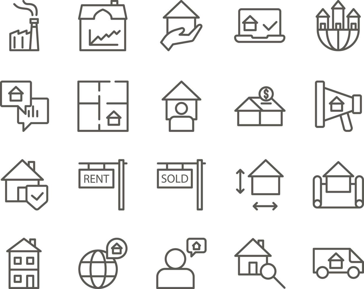 moving, relocation, van set vector icons. Real estate icon set. Simple Set of Real Estate Related Vector Line Icons. Contains such Icons as Map, Plan, Bedrooms on white background