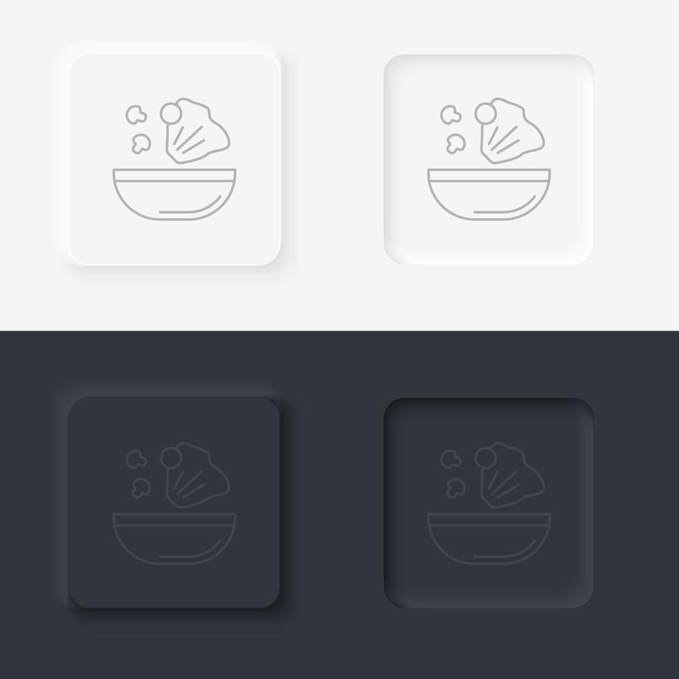 Neumorphic style black and white set food and drink vector icon. Food dish recipe, nutrition concept, salad ingredients, vector mono line icon icon set
