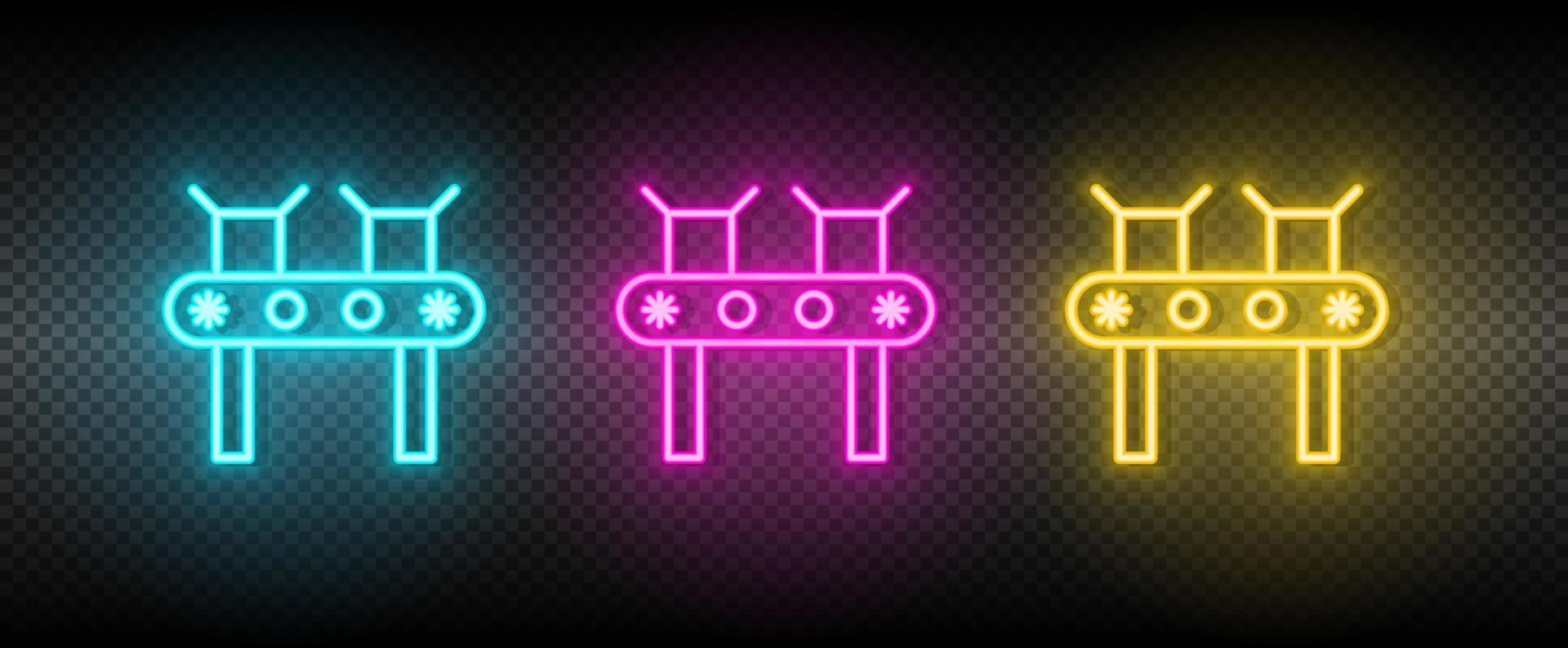 conveyor belt, package neon icon set. Technology vector illustration neon blue, yellow, red icon set