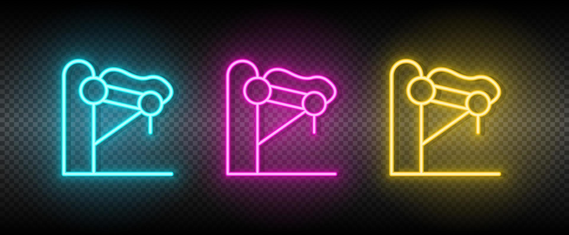 industrial robot, industrial robot arm neon icon set. Technology vector illustration neon blue, yellow, red icon set