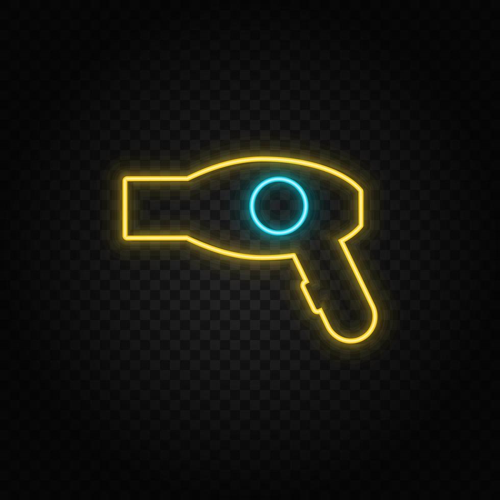 Hair dryer. Blue and yellow neon vector icon. Transparent background.