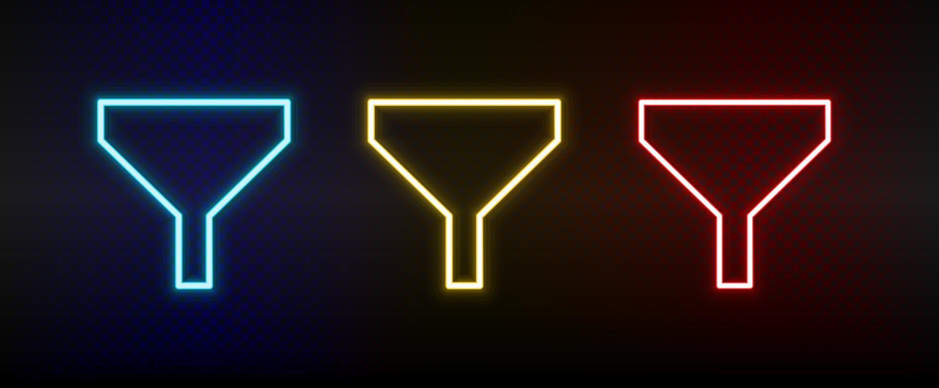 filter neon icon set. Set of red, blue, yellow neon vector icon on dark transparent background
