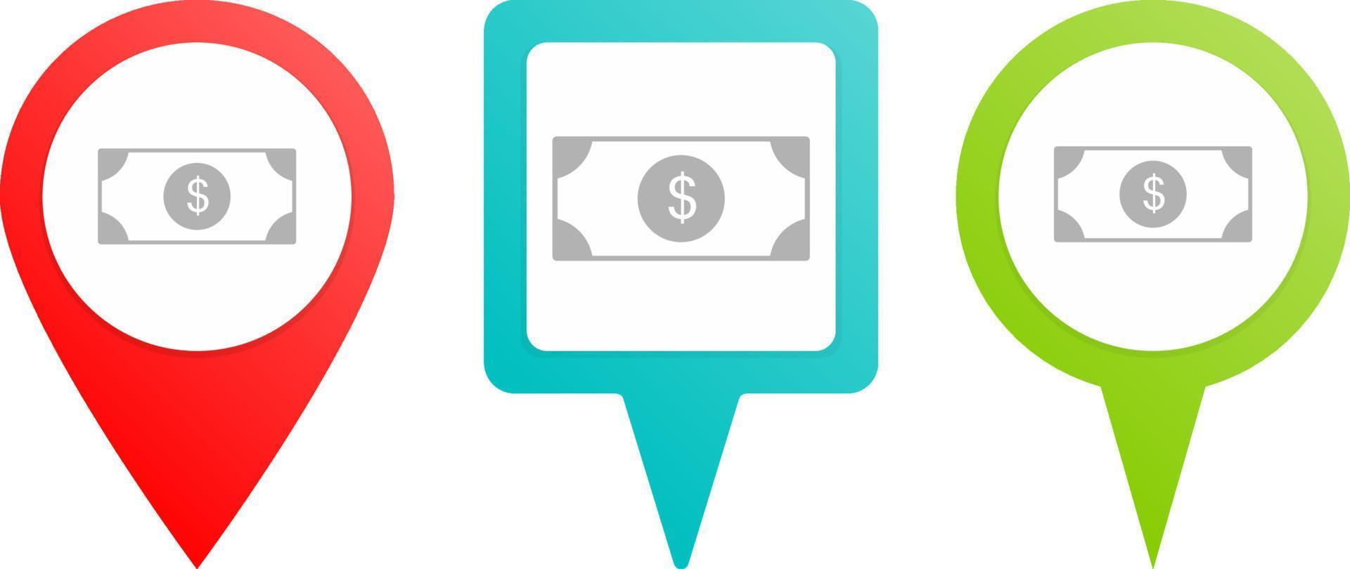 Dollar pin icon. Multicolor pin vector icon, diferent type map and navigation point.