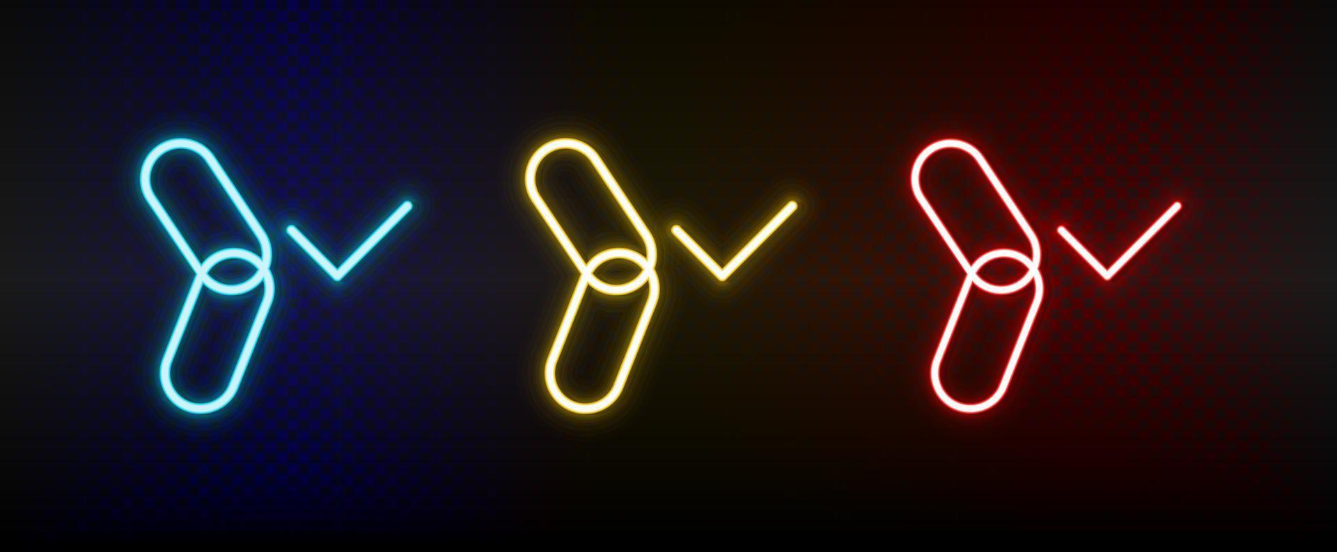 link, url, verify neon icon set. Set of red, blue, yellow neon vector icon on dark transparent background