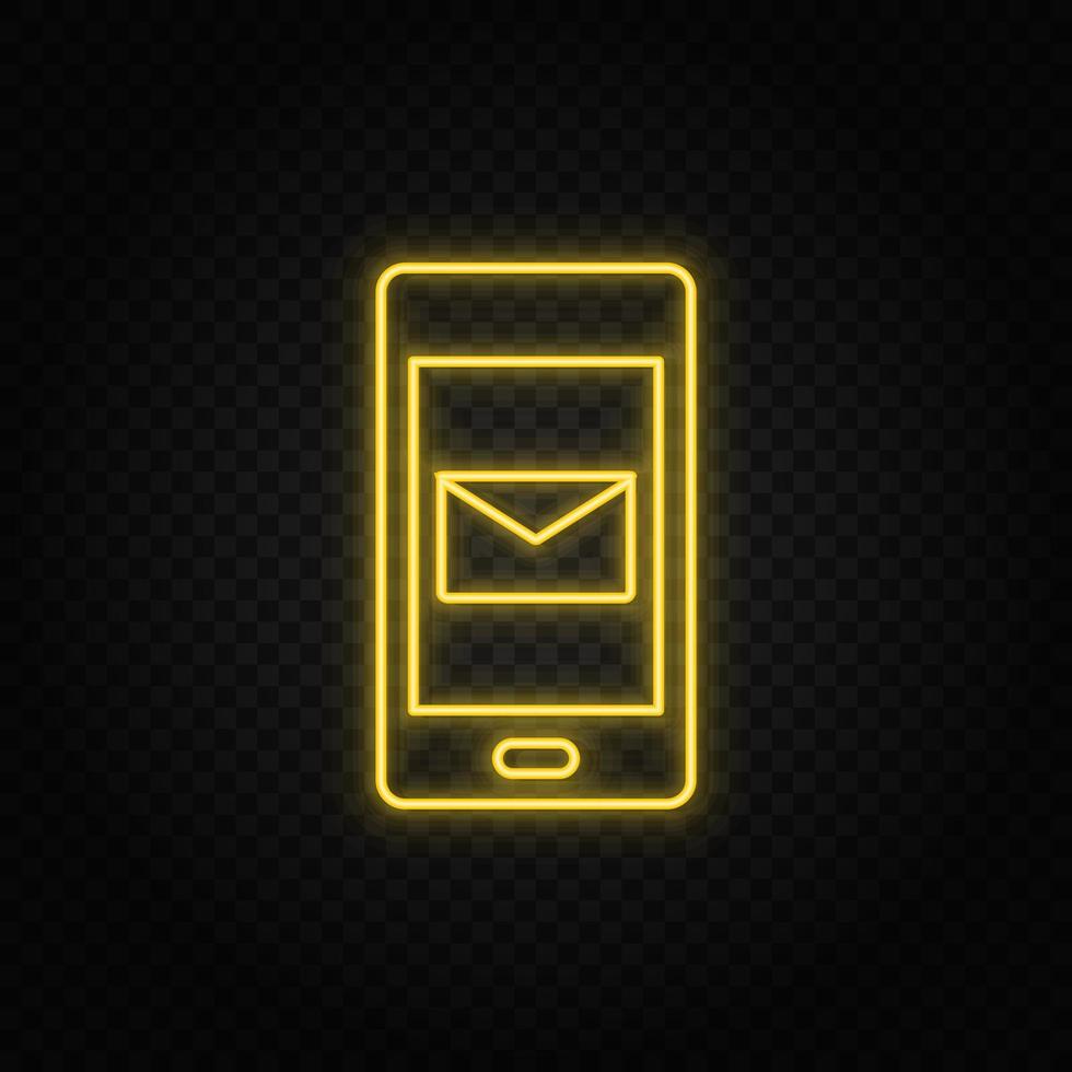 Yellow neon icon phone, message. Transparent background. Yellow neon vector icon on dark background