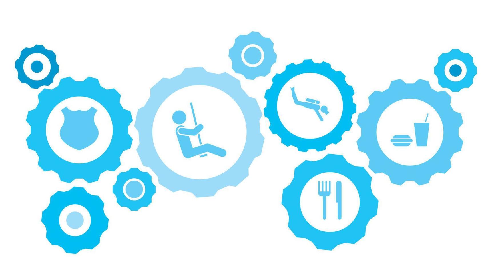 Gum burger, drink gear blue icon set. Abstract background with connected gears and icons for logistic, service, shipping, distribution, transport, market, communicate concepts vector