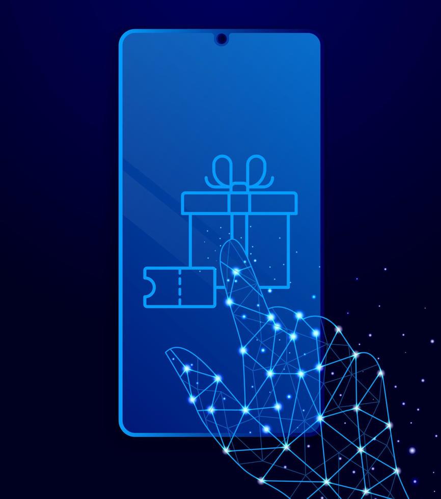 Voucher, box, gift neon icon. Blue neon vector icon. Smoke effect blue background